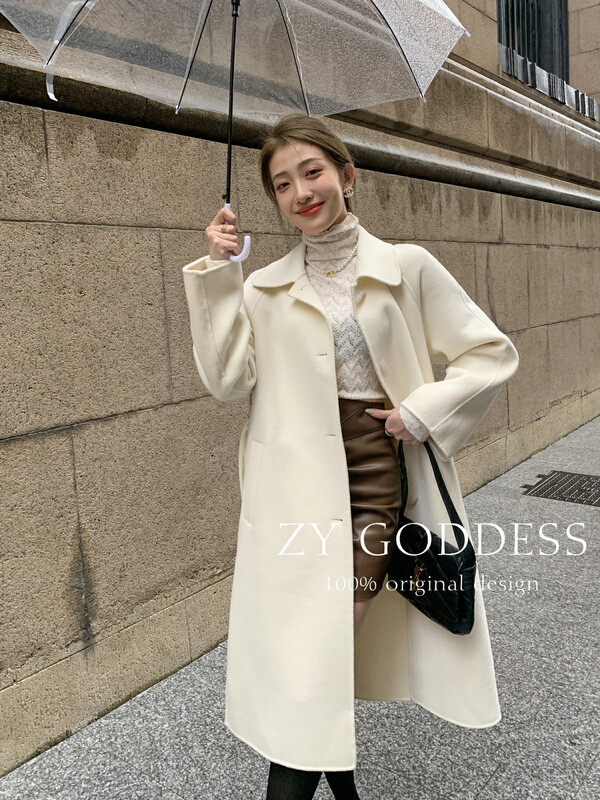 【ZY】Korean horn button double-sided cashmere coat over the knee long thin woolen wool coat (100% wool) 18302