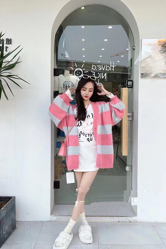 New in winter!【MINI NI】Large Striped Breasted Knit Cardigan 7307# PCZ