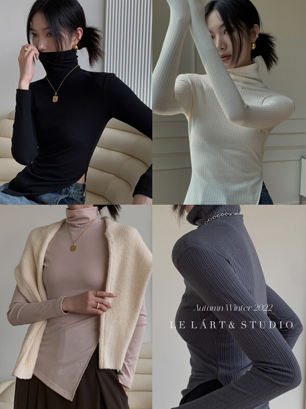 【LE LART】French turtleneck slanted hem slim bottoming shirt T-shirt bottoming shirt LL5756# JHY