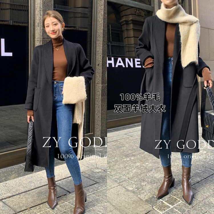 【ZY】Korean Gentle Wind Lapel Double-sided Cashmere Lace-Up Mid-Length Wool Coat Wool Jacket (100% Cashmere Fabric) 18301-1