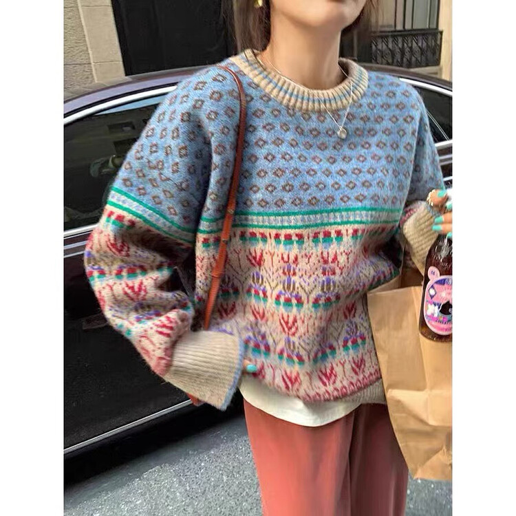 [Blue Show] Vintage jacquard round neck sweater 7283# LSW