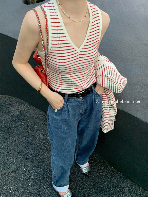 New in autumn! [DT CLASSIC] Basic all-match striped v-neck knitted vest/sling M5144# JHY