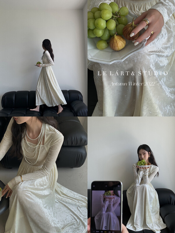 【LE LART】French Hepburn Dew Clavicle Velvet Long Sleeve Dress LL3331
