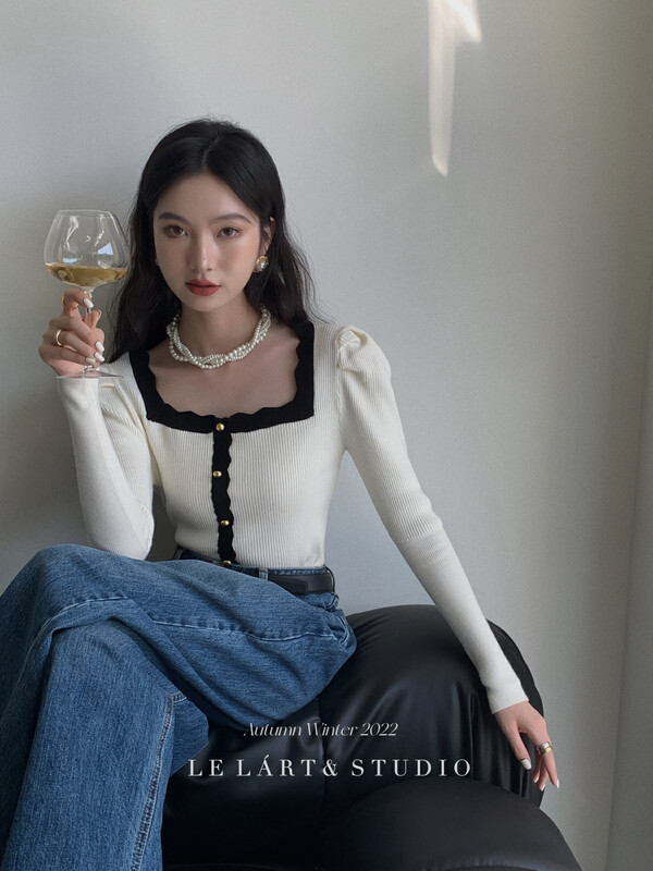 【LE LART】French Hepburn Square Collar Colorblock Puff Sleeve Pullover Knit Sweater Sweater Warm Sweater XL261# JHY