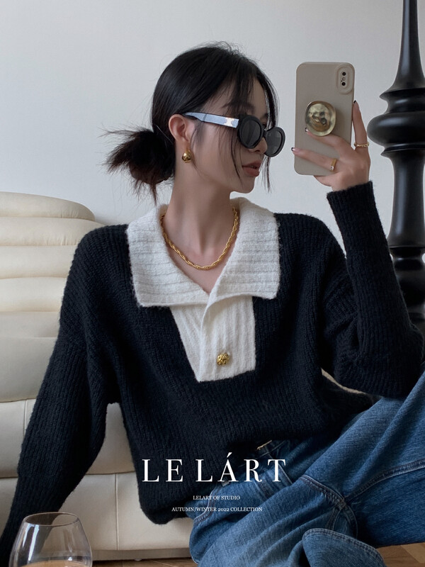 【LE LART】French Hepburn Lapel Gold Buckle Loose Pullover Sweater Warm Sweater XZ341# JHY