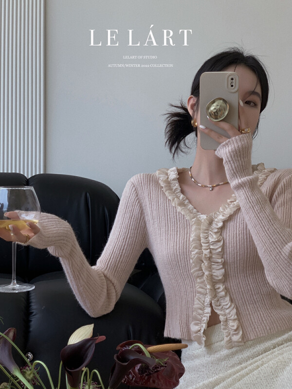 【LE LART】French Hepburn ruffled sweater knitted sweater cardigan knitted cardigan XL2175610# JHY