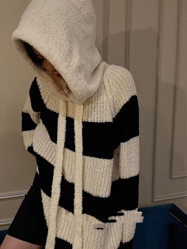 New in autumn! [MINI NI] Lazy Striped Hooded Knit Sweater 9141# PCZ
