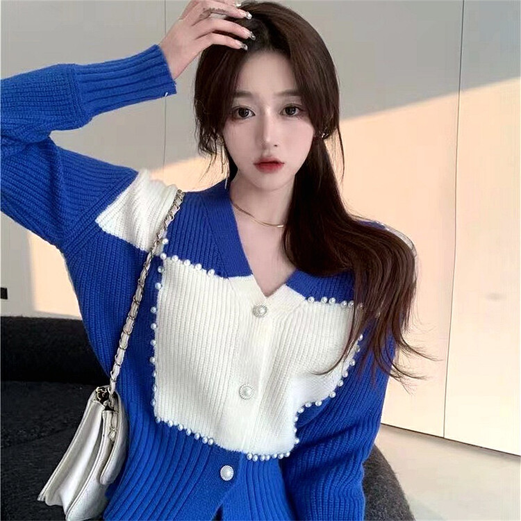【F·P】Xiaoxiangfeng V-neck contrast color beaded all-match long-sleeved cardigan warm sweater 19057# HBX