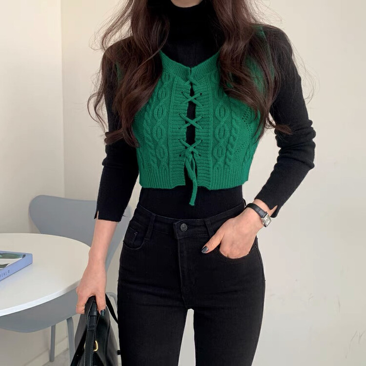 New in early autumn! [Blue Show] Korean version of the all-match lace-up knitted vest 7460# LSW