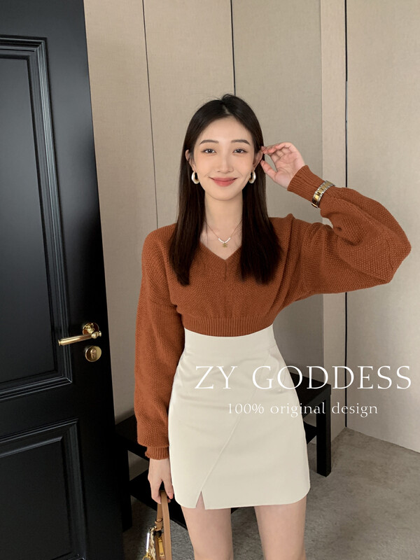 [ZY] High-quality wool lantern sleeves deep V-neck thick needle waist thin sweater knitted sweater ((Miss Qianjin)) S79# JHY