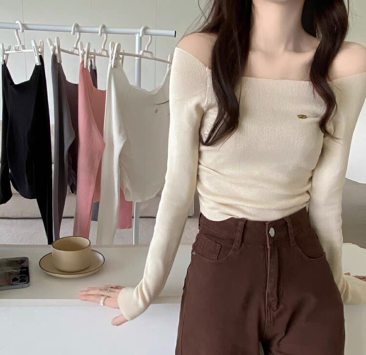 [Blue Show] One-shoulder slim long-sleeved bottoming sweater 7482# LSW