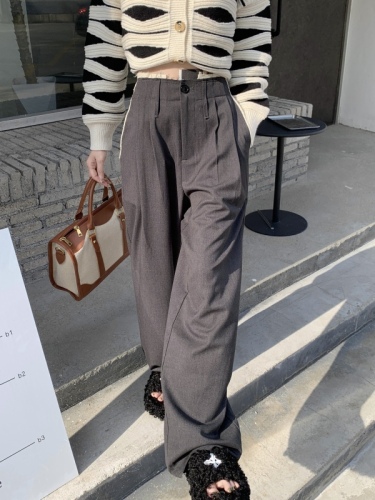Autumn and winter European station high waist pleated color matching raw edge drape casual mopping wide leg pants women