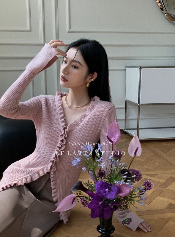 【LE LART】French Pure Desire Ruffle Mohair Flared Sleeve Knit Cardigan Knit Cardigan XL251# JHY