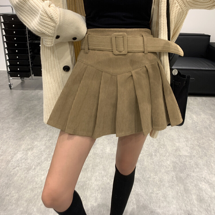 【VANESSA】Simple solid color versatile pleated skirt (with belt) 8045# OZQ