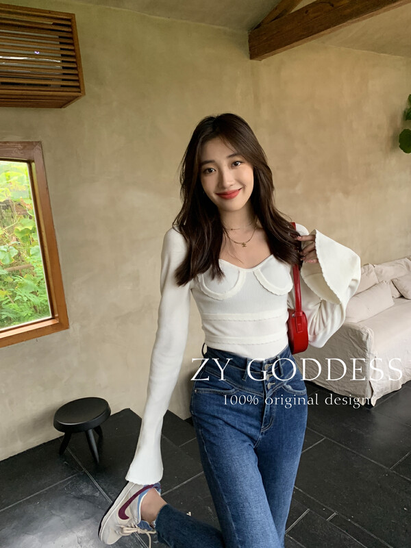 [ZY] Ice silk curly beaded trumpet sleeve back vest machine design slim square V-neck sweater H950# JHY
