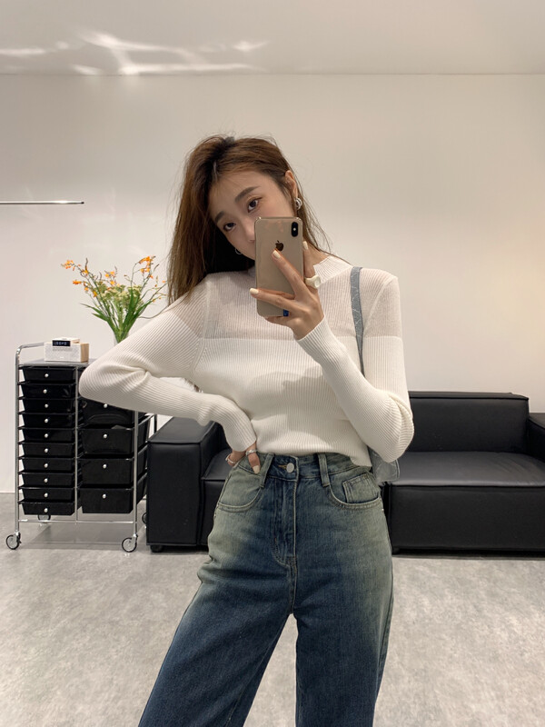 【VANESSA】 Design Semi-Perspective Solid Color Thermal Sweater 8062# OZQ