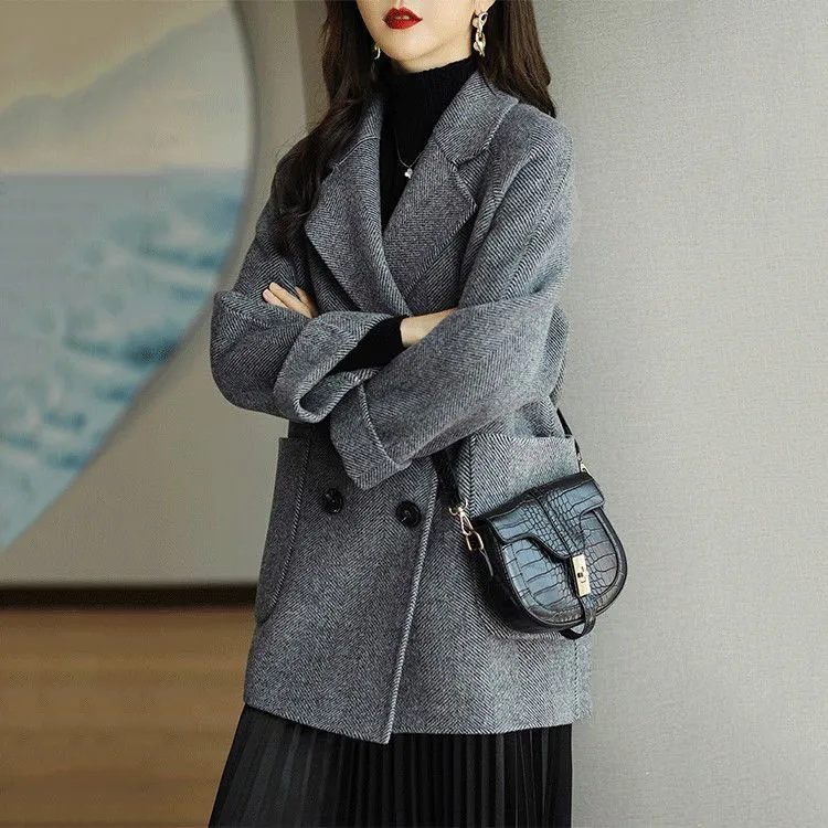 Fat mm 2022 autumn and winter new herringbone pattern double-sided woolen coat double-sided velvet medium and long woolen coat