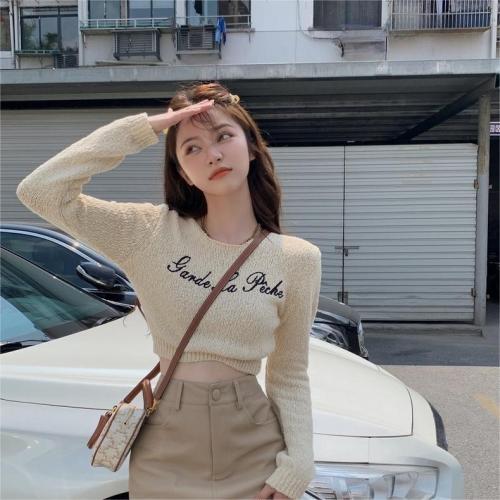 Sweater autumn and winter women's 2022 autumn and winter new Korean version round neck letter embroidery thin long-sleeved knitted sweater top