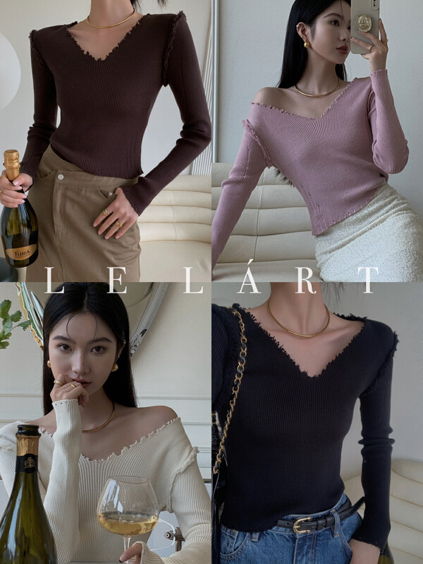 【LE LART】French design v-neck ripped hole raw thread thin bottoming knitted sweater knitted sweater XL247# JHY