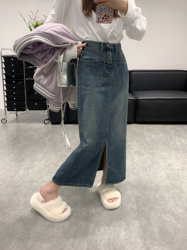 【VANESSA】Korean style fashion mid-length all-match denim skirt 8016# OZQ