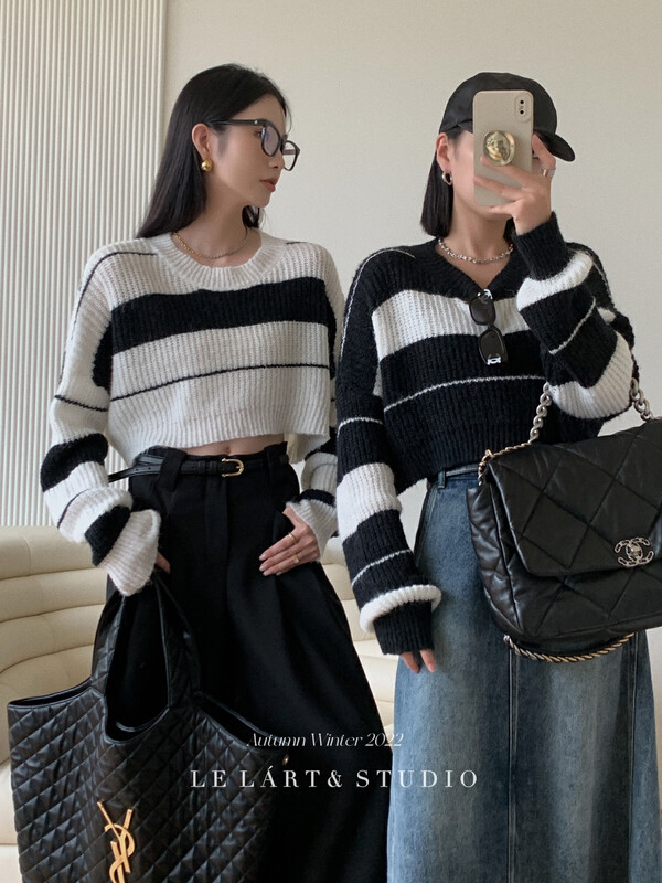 【LE LART】French Striped Short Loose Pullover Sweater Warm Sweater XZ346# JHY