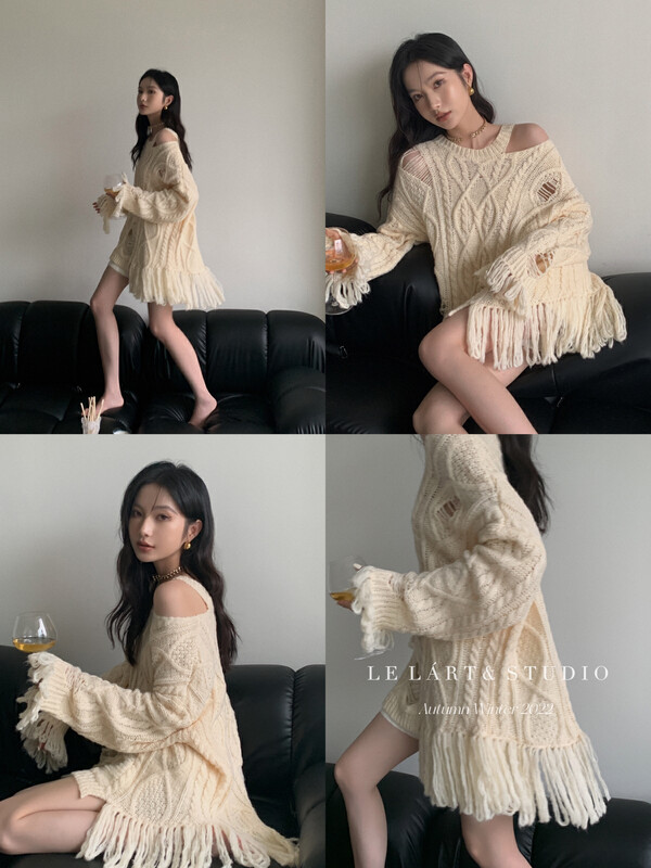【LE LART】French pure lusty off-the-shoulder fringed hem loose pullover sweater XZ366