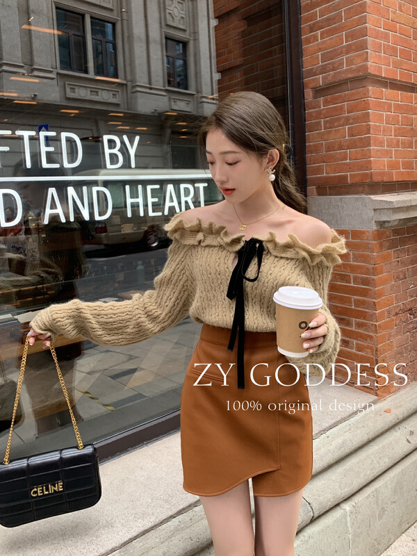 [ZY] Gentle wind fungus front and back with one-shoulder straps bow knitted sweater (including 30 wool mohair) S89