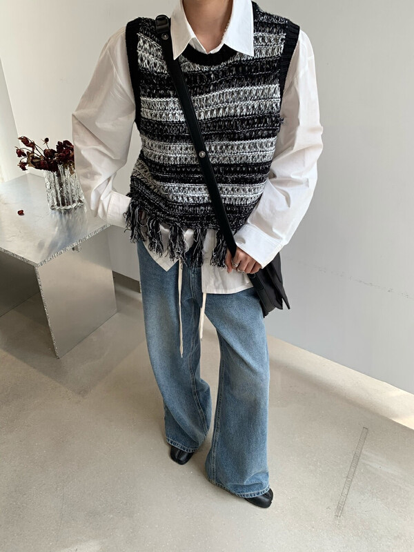 New in autumn! [Blue Show] Korean round neck fringed vest 7498# LSW