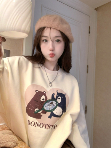 310 grams of imitation cotton interwoven fabric can not play the winter thickened fleece sweater women's round neck printing back bag