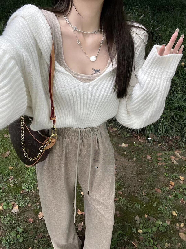 [MI NI] Solid color vest + loose short knitted sweater + casual pants three-piece suit (pants color random) 9227-1# PCZ