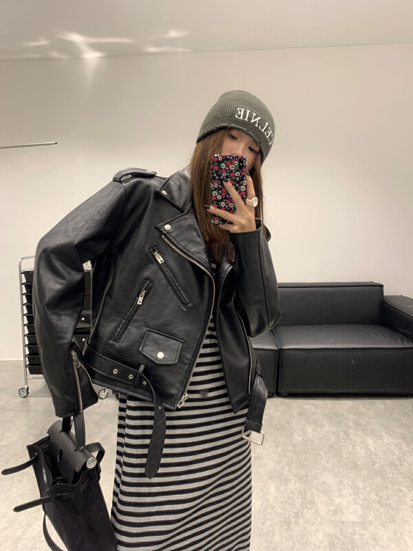 【VANESSA】Korean version of fashion heavy industry motorcycle zipper pocket design leather jacket 8007# OZQ