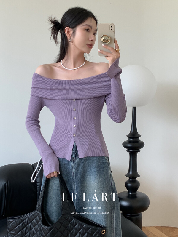 【LE LART】French pure lust style sweet and spicy style one-word neck off-shoulder knitted sweater TH066# JHY