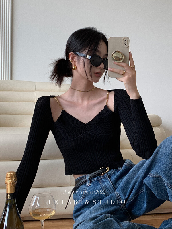 【LE LART】French pure lustful off-the-shoulder metal chain decorated knitted sweater warm sweater XZ332# JHY