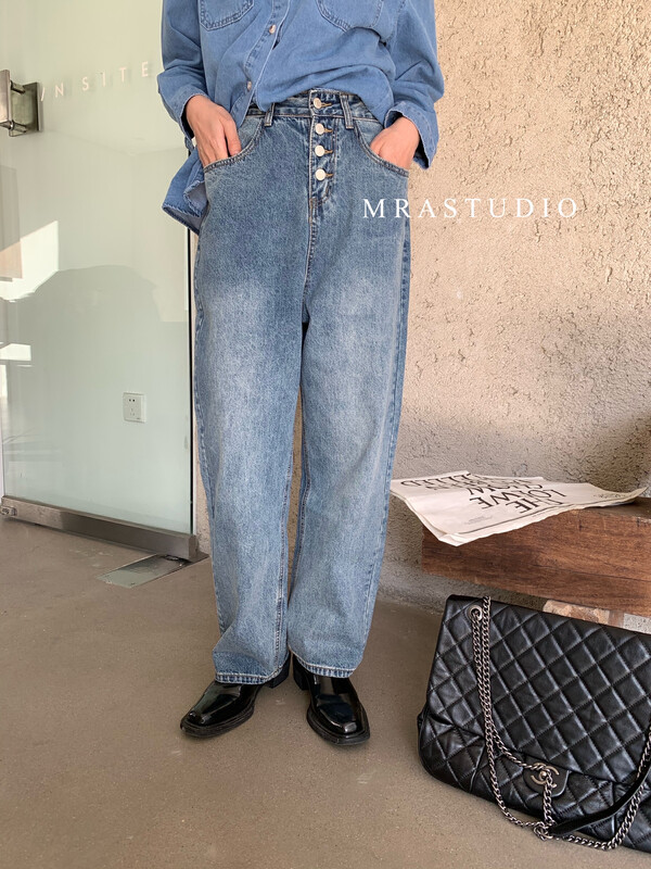 Original price 100.39! [MRA] Design breasted high-waisted wide-leg pants jeans M1755
