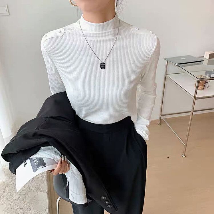 [Blue Show] Solid Color Threaded Slim Fit Half Turtleneck Bottoming Shirt 001119# LSW