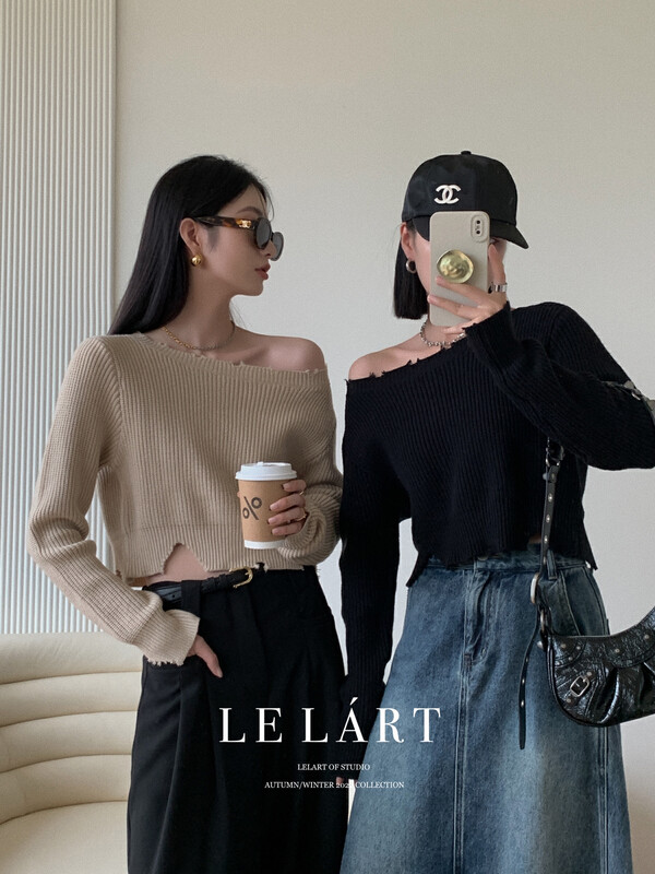 【LE LART】法式設計感破洞毛邊短款毛衣保暖毛衣  XZ333#  JHY
