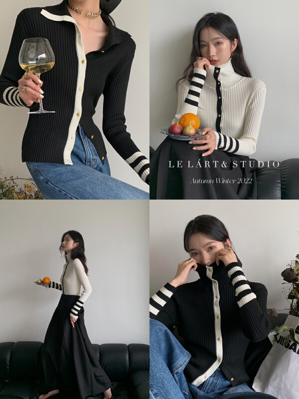 [LE LART] French Hepburn points black and white color matching high-neck gold button cardigan sweater sweater sweater XL266