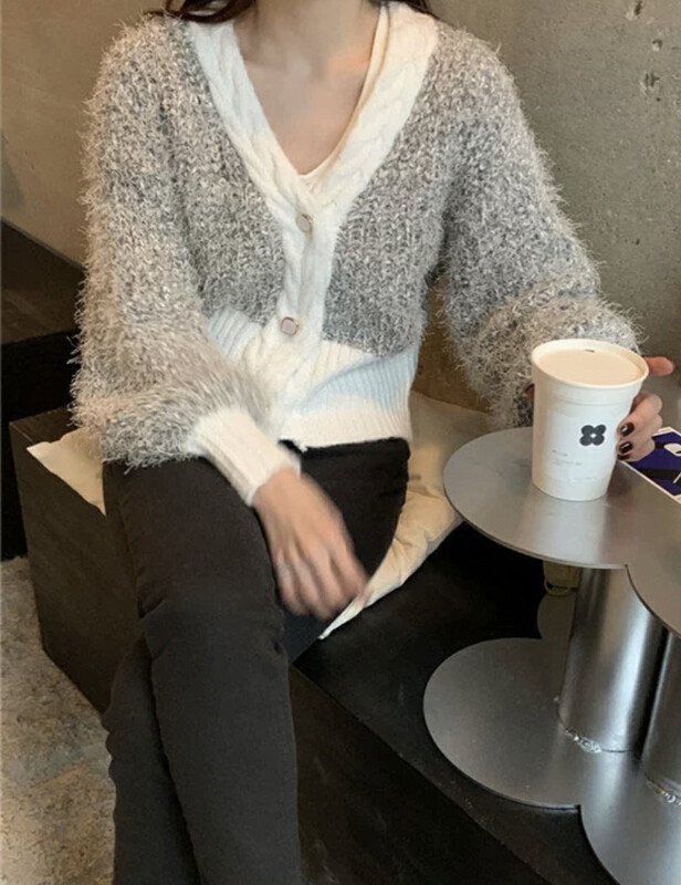 New in autumn! [Blue Show] Xiaoxiangfeng color-blocked twist collar knitted cardigan 7758# LSW