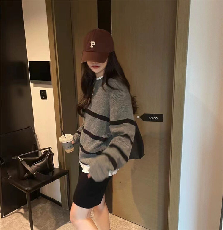 New in autumn!【SAINA FASHION】Loose striped all-match knitted sweater 22106A# CLS