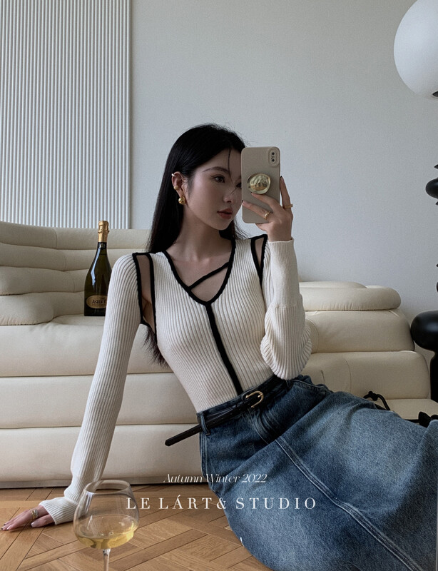 【LE LART】French design black and white color matching two-piece knitted sweater suit XZ329# JHY