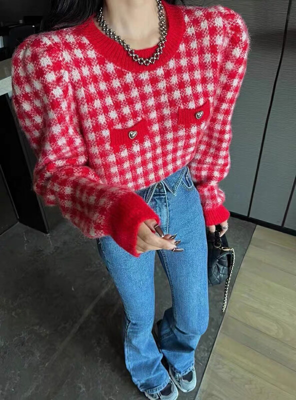 [Blue Show] Plaid Long Sleeve Pullover Sweater 7845# LSW