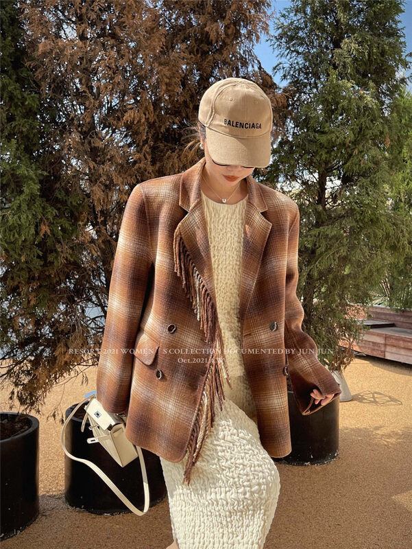 [DT CLASSIC] Fringed hazy plaid fashion texture wool coat (80% wool) YS1-3958# JHY