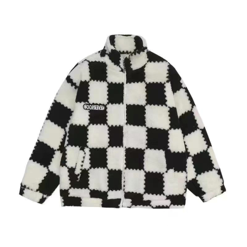 Double-sided imitation rabbit fur checkerboard coat women's autumn and winter embroidered Korean version of collage plus velvet stand-up collar plush cotton coat tide