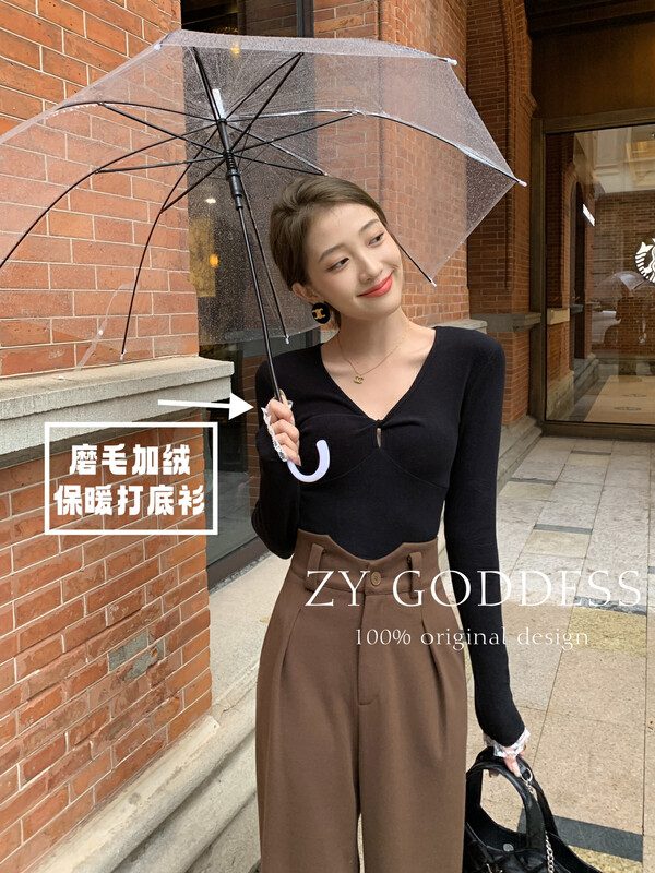 [ZY] Korean tangled cross V-neck lace brushed warm sweater (slim fit, thin and elastic) 18318