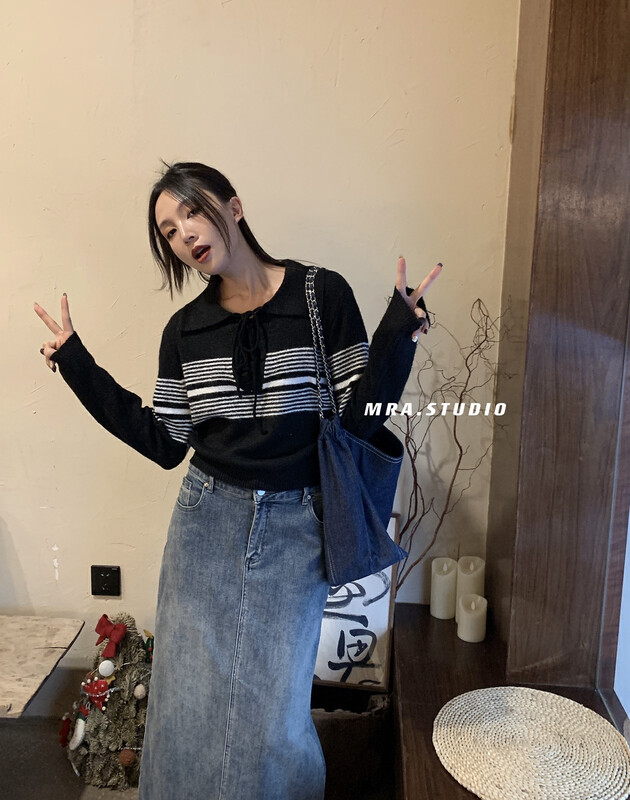 【MRA】Japanese Striped Contrast Color Strap POLO Collar Casual Knit Sweater M1957