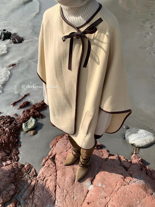 New in early winter! [DT CLASSIC] Simple double-sided woolen coat with leather cape and cape (including 80% wool) S4960-A2# JHY