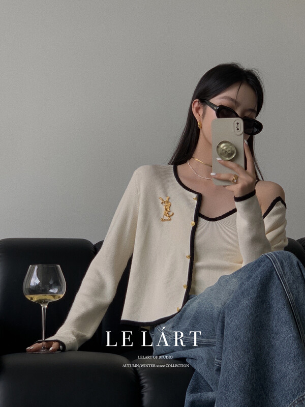 【LE LART】French style sling cardigan black and white contrast color two-piece knitted sweater suit TH071# JHY