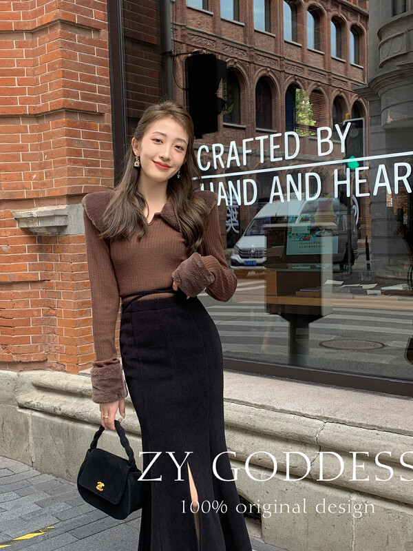 [ZY] Korean little women's fur collar elastic pit strips keep warm and thin knitted sweater (hair is not removable) 18250