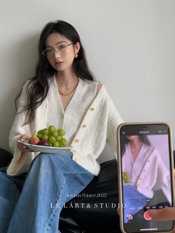 【LE LART】French Hepburn Small Fragrance Gold Button Mohair Loose Cardigan Sweater Knit Cardigan XL262# JHY