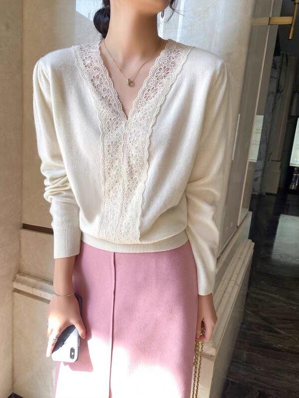 【SUSAN】Lace Pearl Button Long Sleeve Knit Sweater (Without Necklace) S5332# LSW
